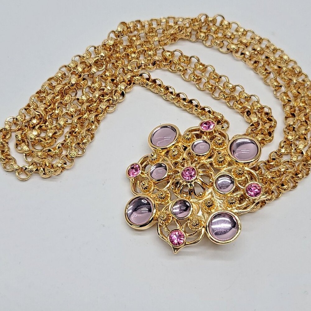 Barrera For Avon Purple Pink Gripoix Glass Gold Tone Multistrand Necklace Large